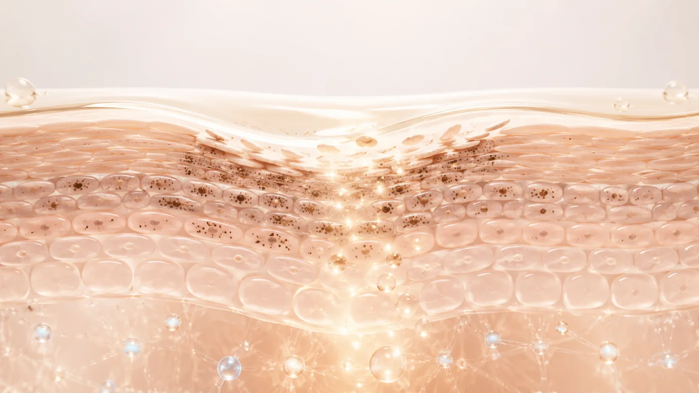 Close-up cross-section of skin layers with actives absorbing into pigmented cells