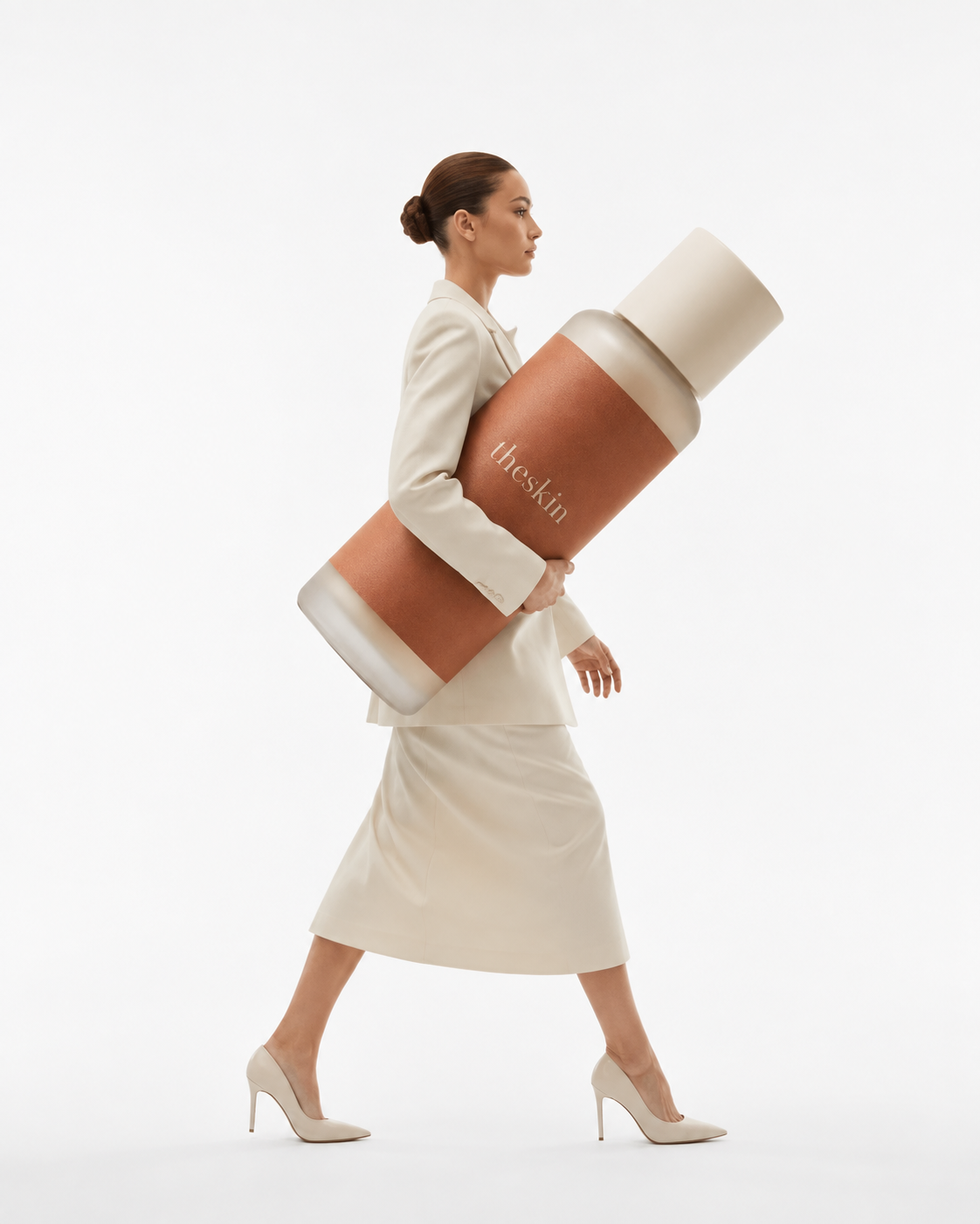 Woman carrying an oversized theskin serum bottle