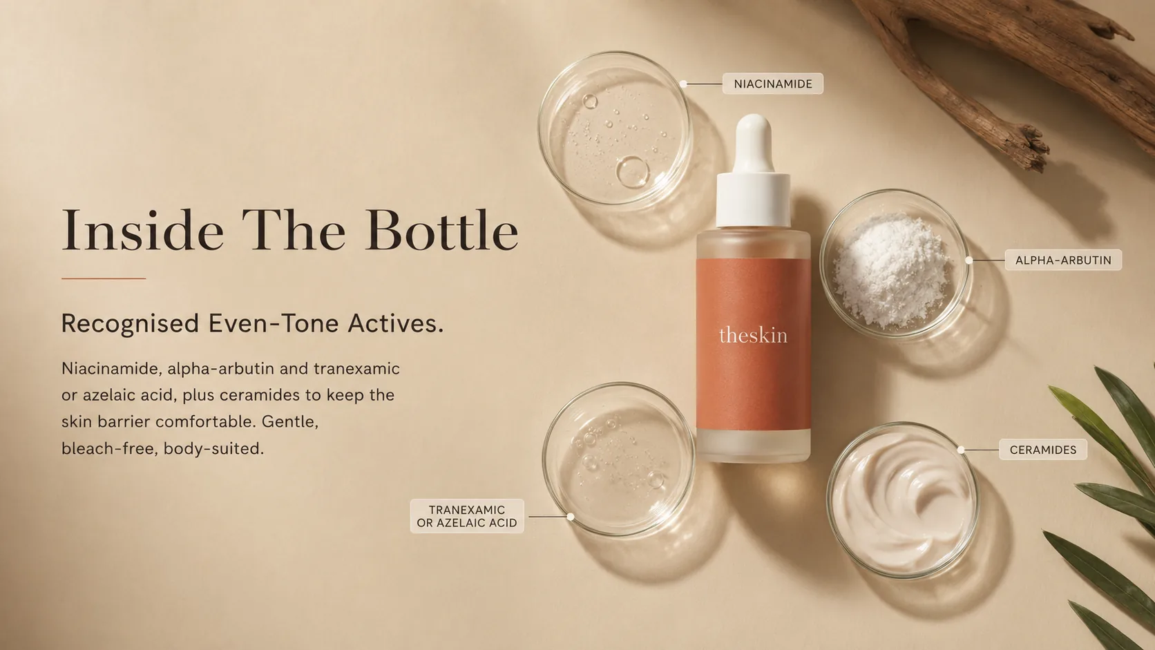 Inside The Bottle: Niacinamide, alpha-arbutin, tranexamic or azelaic acid, and ceramides.